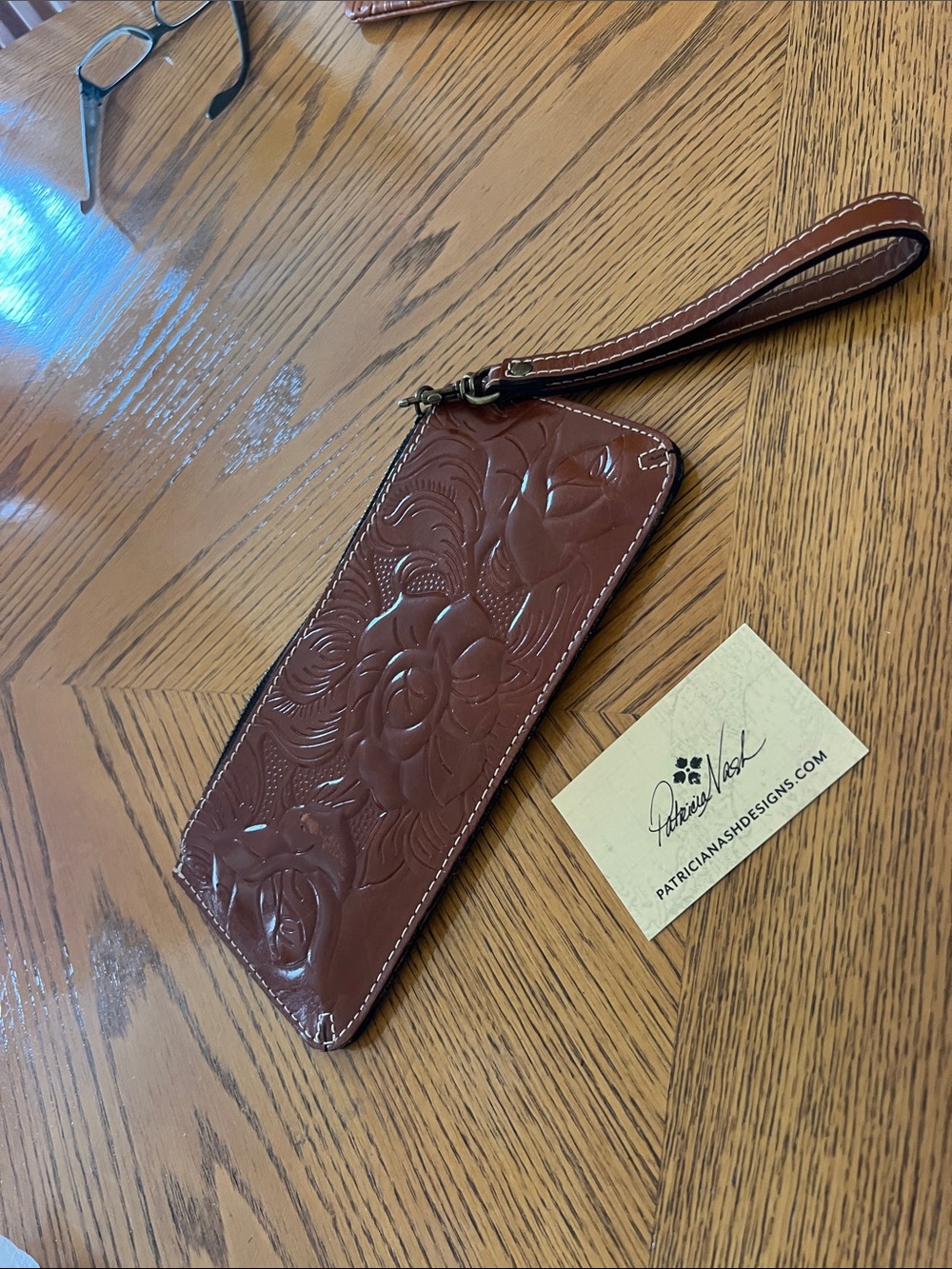 Patricia Nash Embossed Floral Leather Card Wristlet in Brown